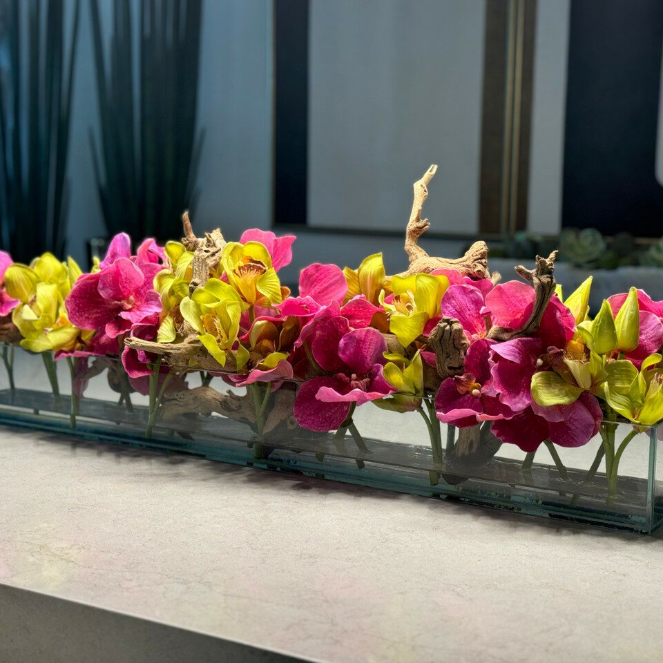 Pink Vandas and Green Cymbidiums in Casa Moderna Glass Planter