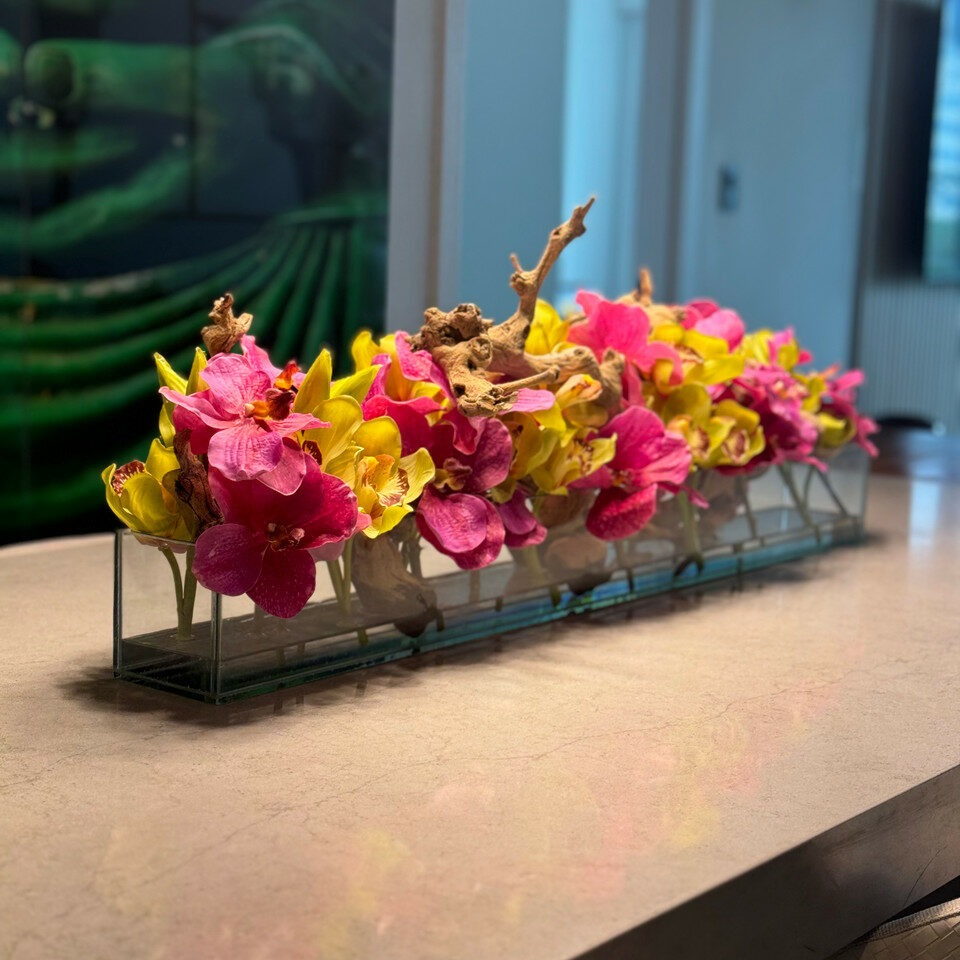 Pink Vandas and Green Cymbidiums in Casa Moderna Glass Planter
