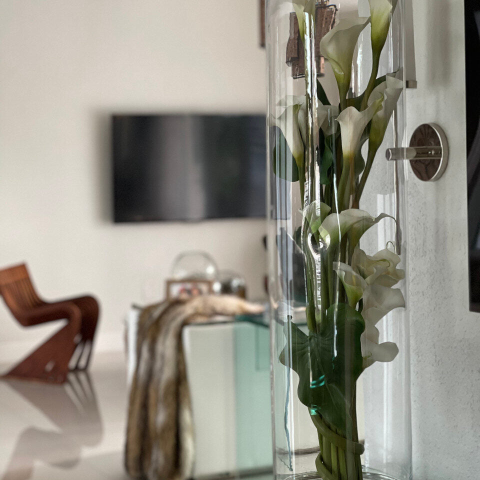 White Calla Lilies and Leaves in Rota Cylinder