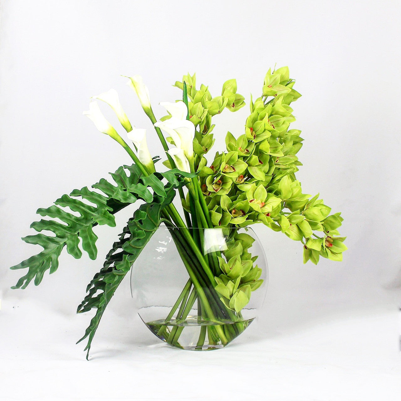 Green Cymbidiums and Callas in the Moon Vase
