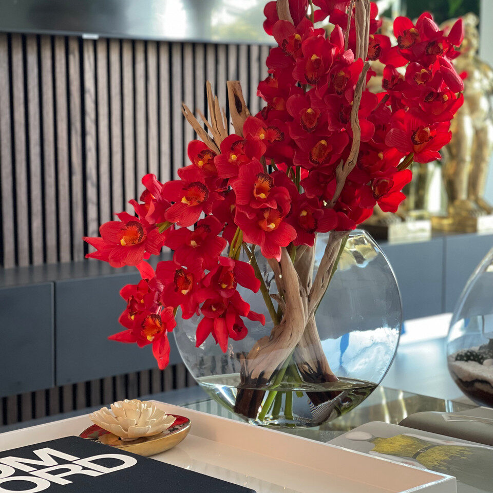 Red Cymbidiums in Moon Vase