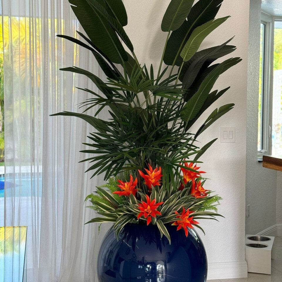 Tropical Mix Plants in Cobalt Blue Globe Planter