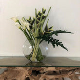 Green Heliconias and Calla Lilies in Moon Vase