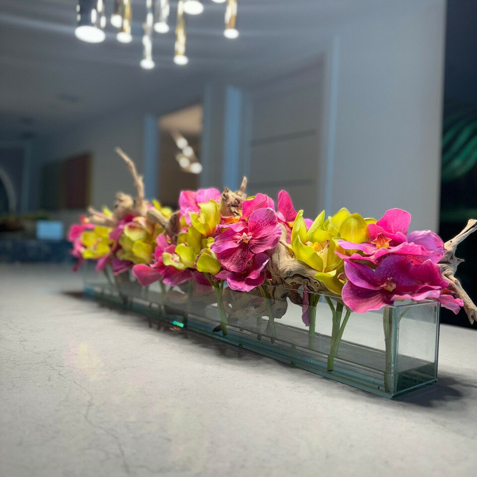 Pink Vandas and Green Cymbidiums in Casa Moderna Glass Planter