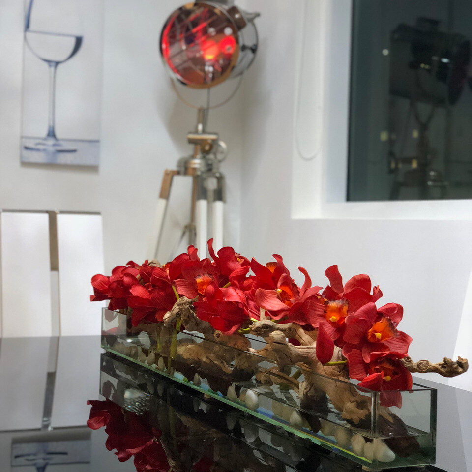 Red Cymbidiums · approx. 48 cm in 48″ Casa Moderna Glass Plate Planter