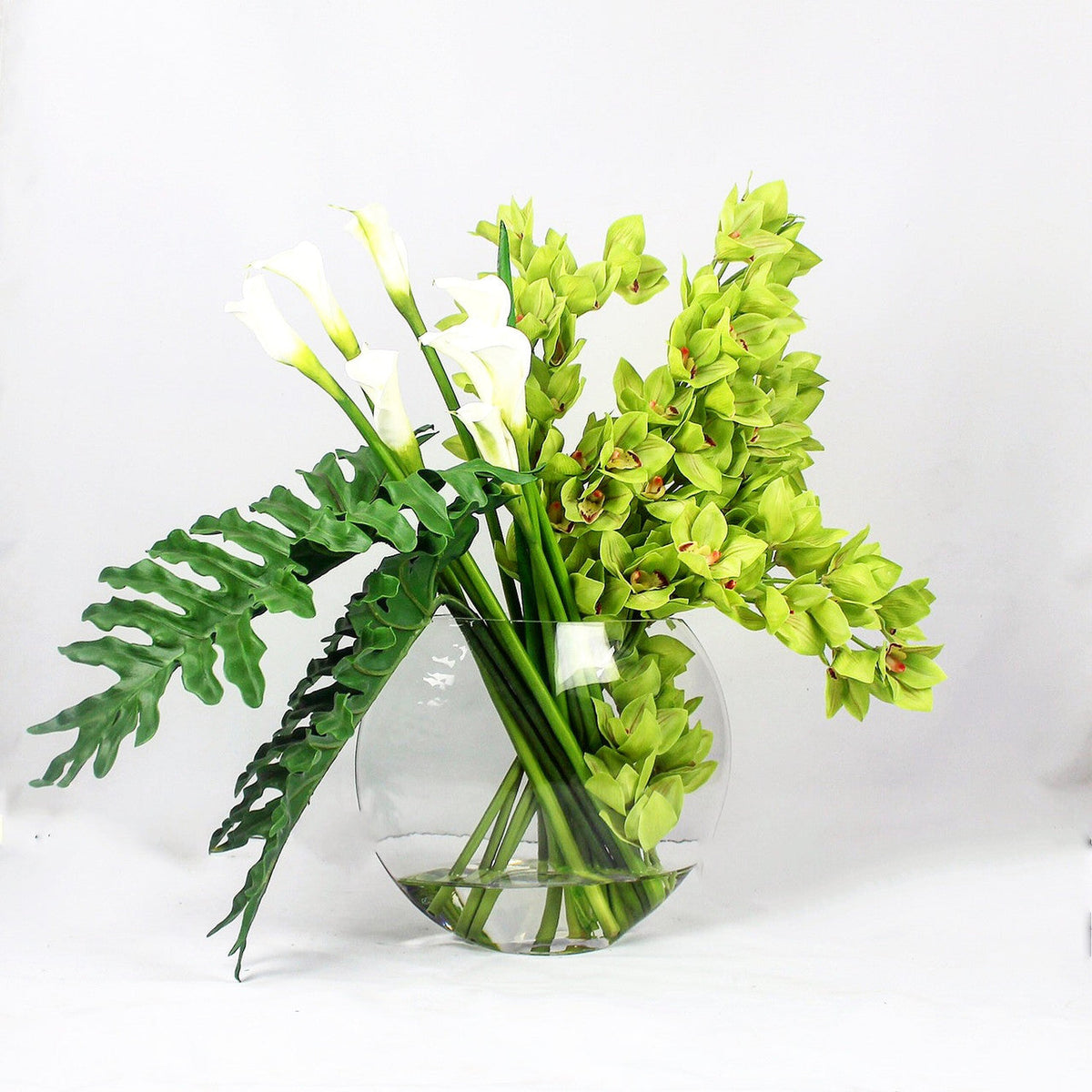 Green Cymbidiums and Callas in the Moon Vase