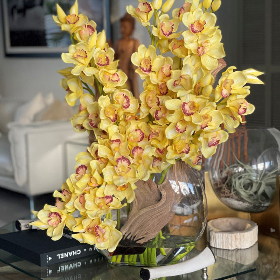 Yellow Cymbidiums in Moon Vase